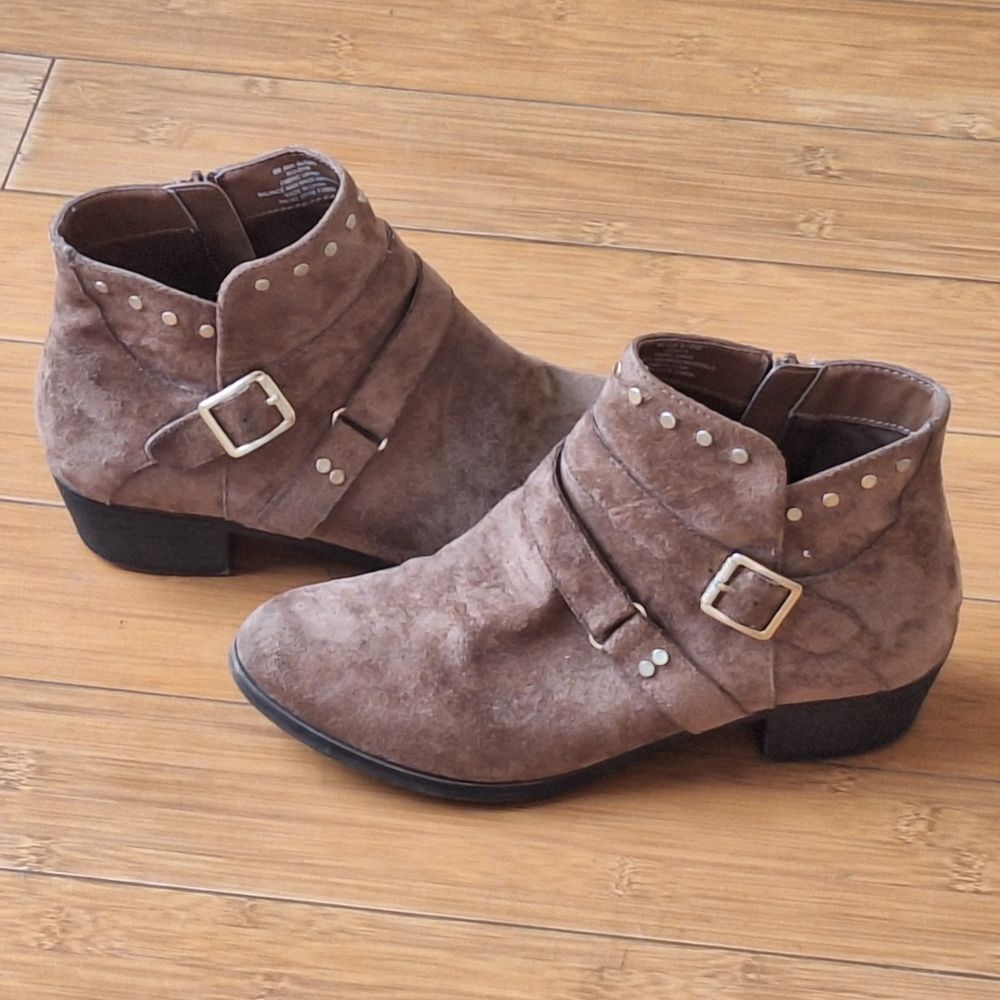 A.N.A Ana Alford Booties Brown Zip + Buckle Gold Studded Vegan Suede Boots 8M